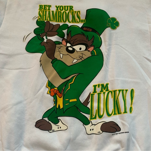 1997 TulTex Looney Tunes Bet your Shamrocks I'm Lucky Sweatshirt | 2XL | White - Picture 3 of 8